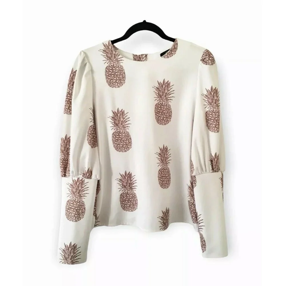 NWT CBR Chic Boutique Rose Pineapple Print BOHO Classic Couture Blouse Top - Picture 2 of 13